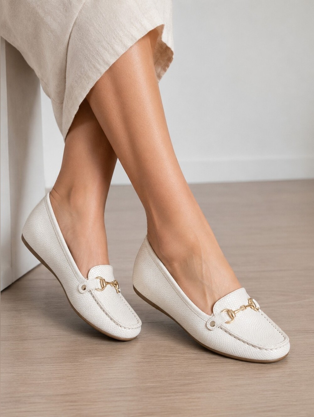 Naturalizer Classic Women's White Loafers with Gold Accent